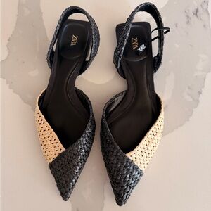 Zara Black and Cream raffia flats